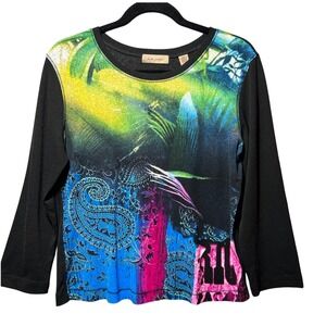 Y2K i.e. relaxed Slub Knit Abstract Print Top Long Sleeve Black Multi Color L